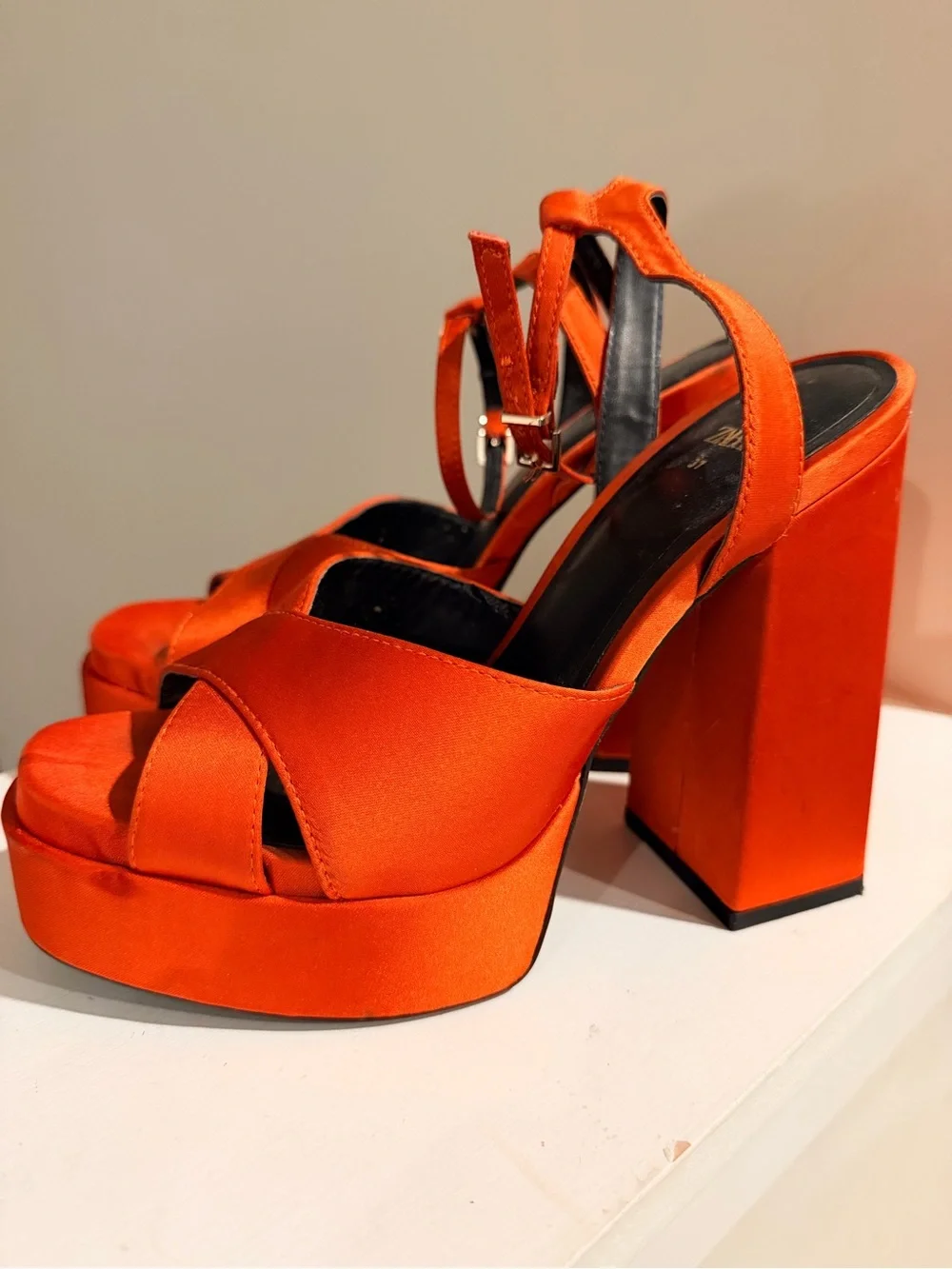 Zara Orange Satin Platform Crisscross Sandals